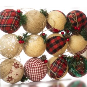 Burlap Christmas Hanging Ornaments, Farmhouse Rustic Christma Decorations, Natural Jute Ball Ornaments for Xmas Holiday Party Home Decor 12Pcs