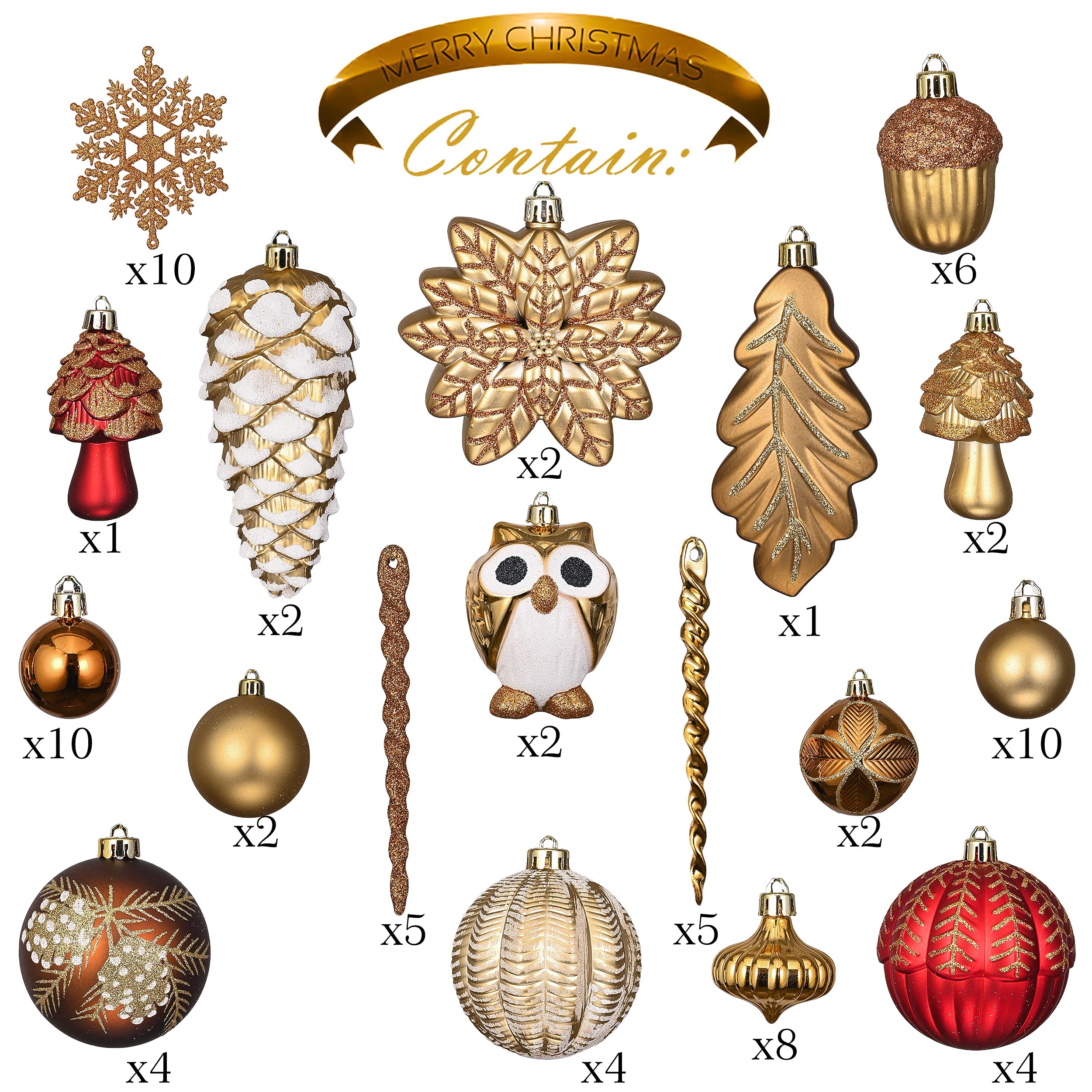 Valery Madelyn Christmas Tree Ornaments Set, 80ct Red and Brown Shatterproof Christmas Tree Decorations Bulk, Woodland Hanging Ball Ornaments for Xmas Trees Holiday Decor