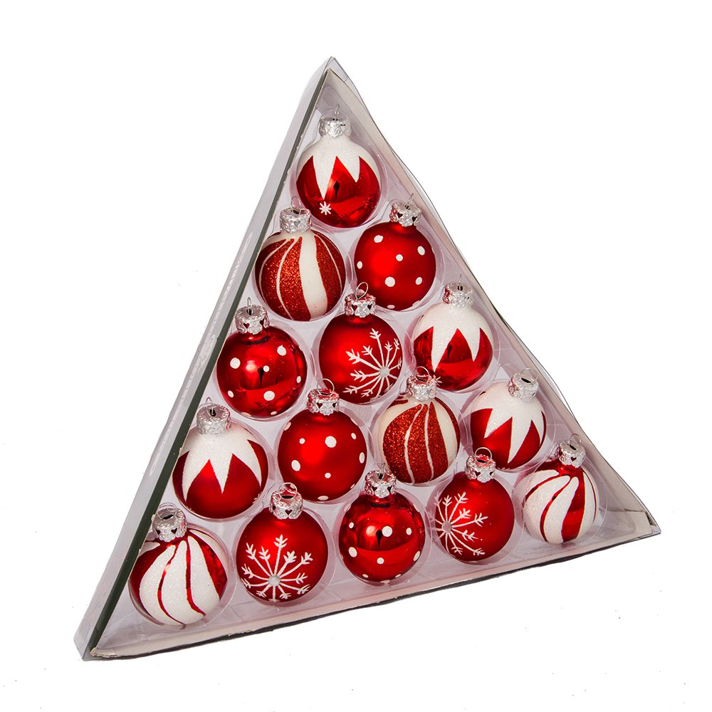 Kurt S. Adler C1852 Kurt Adler 1.57-Inch Red/White Decorated Glass Ball Ornament Set of 15, 15 Count for Christmas