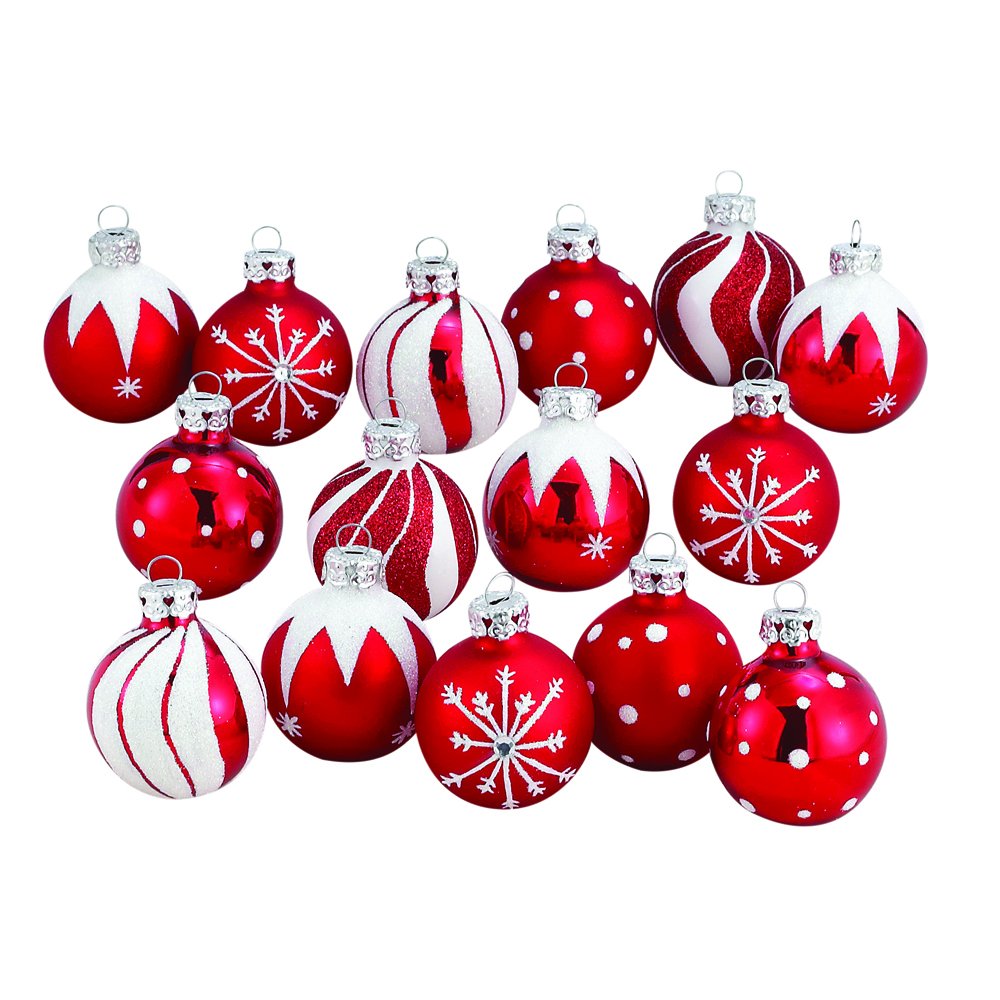 Kurt S. Adler C1852 Kurt Adler 1.57-Inch Red/White Decorated Glass Ball Ornament Set of 15, 15 Count for Christmas