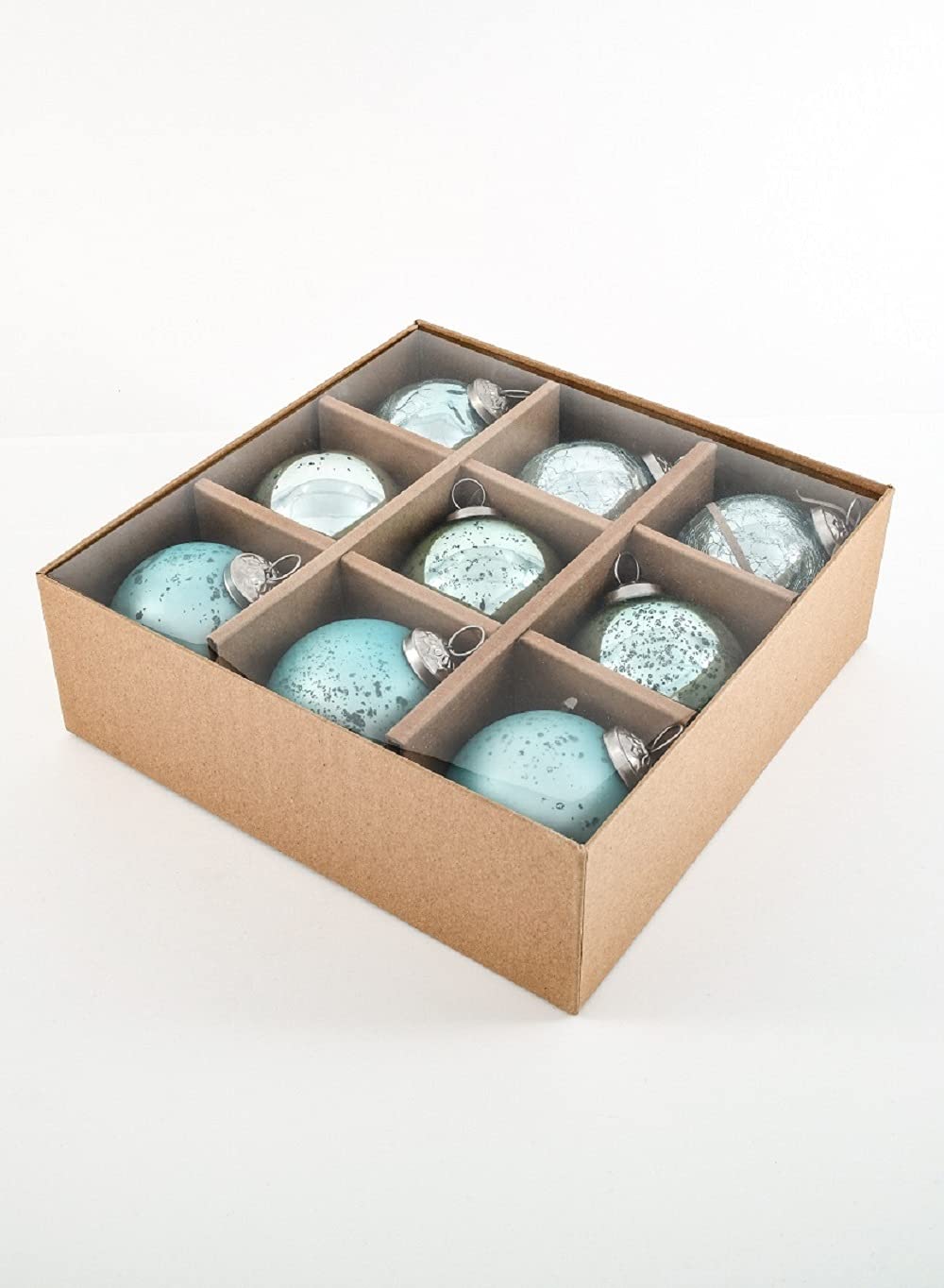 Serene Spaces Living Set of 9 Assorted Teal Glass Ball Ornaments for Christmas Tree, Holiday Decorations, Winter Wedding, Table Centerpiece, Window Box, Measures 3" Diameter