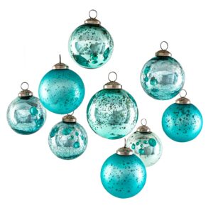 Serene Spaces Living Set of 9 Assorted Teal Glass Ball Ornaments for Christmas Tree, Holiday Decorations, Winter Wedding, Table Centerpiece, Window Box, Measures 3" Diameter