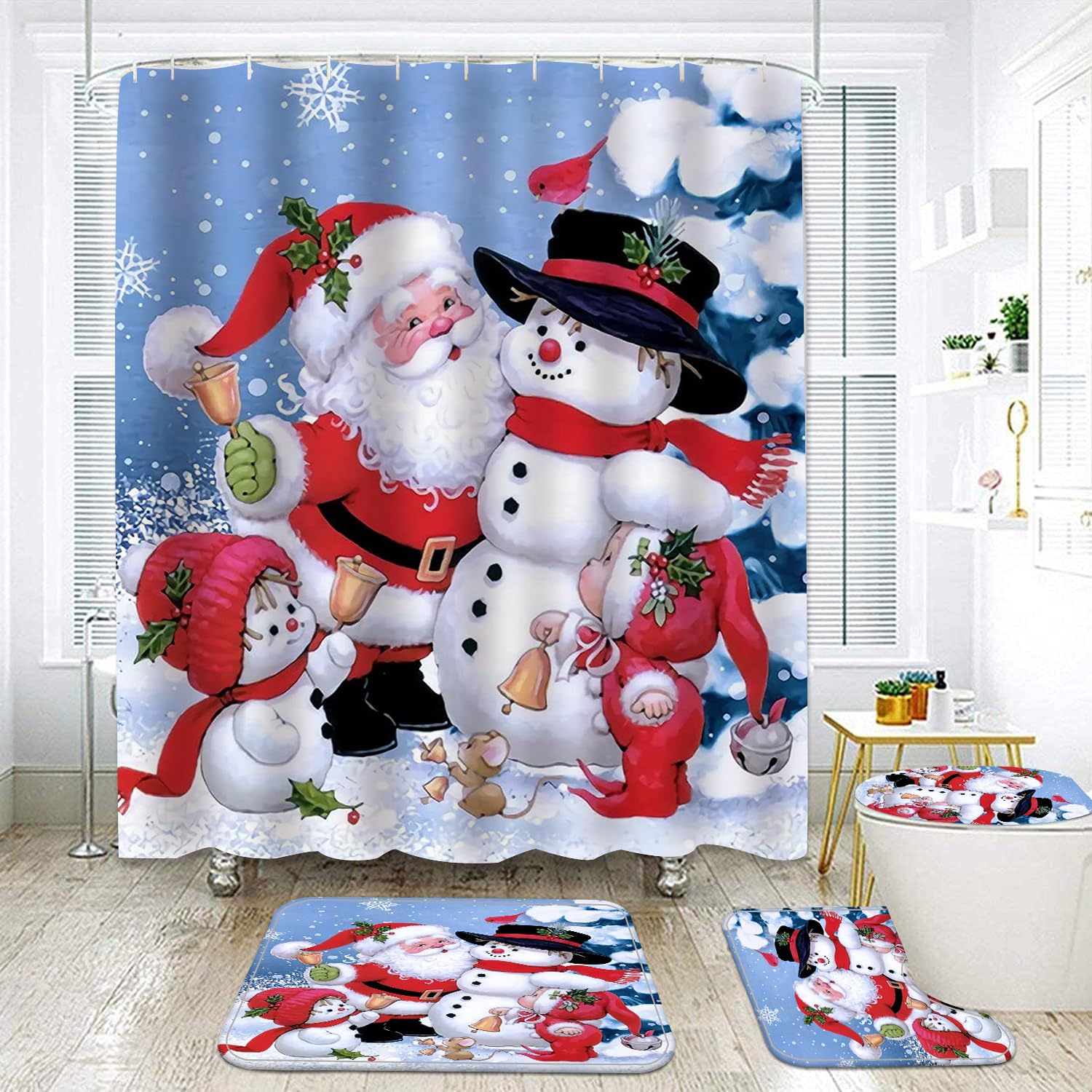 GUDAGUU 4 Piece Christmas Shower Curtain Bathroom Decorations Sets,Santa Claus and Snowmen Bath Decor with Toilet Seat Cover Rug Xmas Theme Rustic Gnome Bathtub Room Accessory Complete Kit