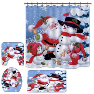 GUDAGUU 4 Piece Christmas Shower Curtain Bathroom Decorations Sets,Santa Claus and Snowmen Bath Decor with Toilet Seat Cover Rug Xmas Theme Rustic Gnome Bathtub Room Accessory Complete Kit