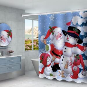 GUDAGUU 4 Piece Christmas Shower Curtain Bathroom Decorations Sets,Santa Claus and Snowmen Bath Decor with Toilet Seat Cover Rug Xmas Theme Rustic Gnome Bathtub Room Accessory Complete Kit