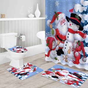 GUDAGUU 4 Piece Christmas Shower Curtain Bathroom Decorations Sets,Santa Claus and Snowmen Bath Decor with Toilet Seat Cover Rug Xmas Theme Rustic Gnome Bathtub Room Accessory Complete Kit