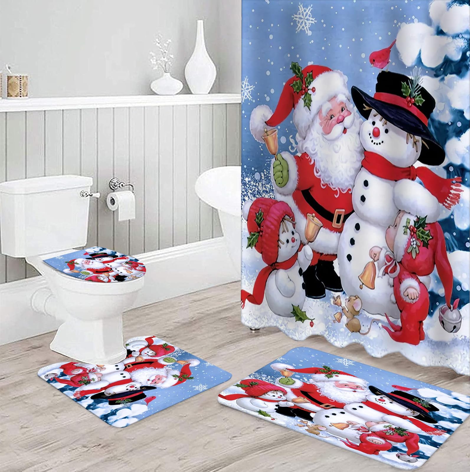 GUDAGUU 4 Piece Christmas Shower Curtain Bathroom Decorations Sets,Santa Claus and Snowmen Bath Decor with Toilet Seat Cover Rug Xmas Theme Rustic Gnome Bathtub Room Accessory Complete Kit