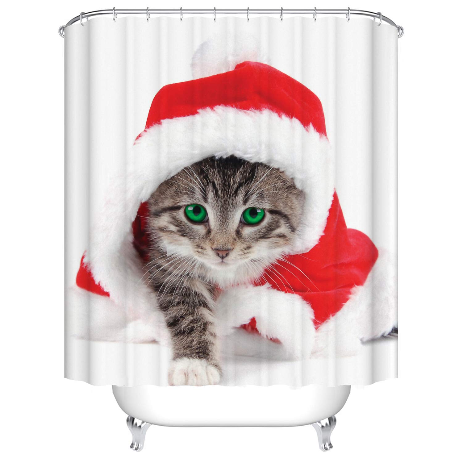 Moptrek ristmas cat Print Bathroom Shower Curtain Set Waterproof Christmas Decorations Shower Curtain Polyester Fabric Bathroom Shower Curtain Set with Hooks (72''Wx72''H)