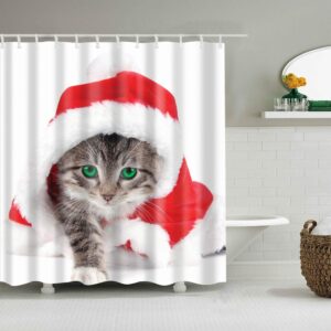 Moptrek ristmas cat Print Bathroom Shower Curtain Set Waterproof Christmas Decorations Shower Curtain Polyester Fabric Bathroom Shower Curtain Set with Hooks (72''Wx72''H)