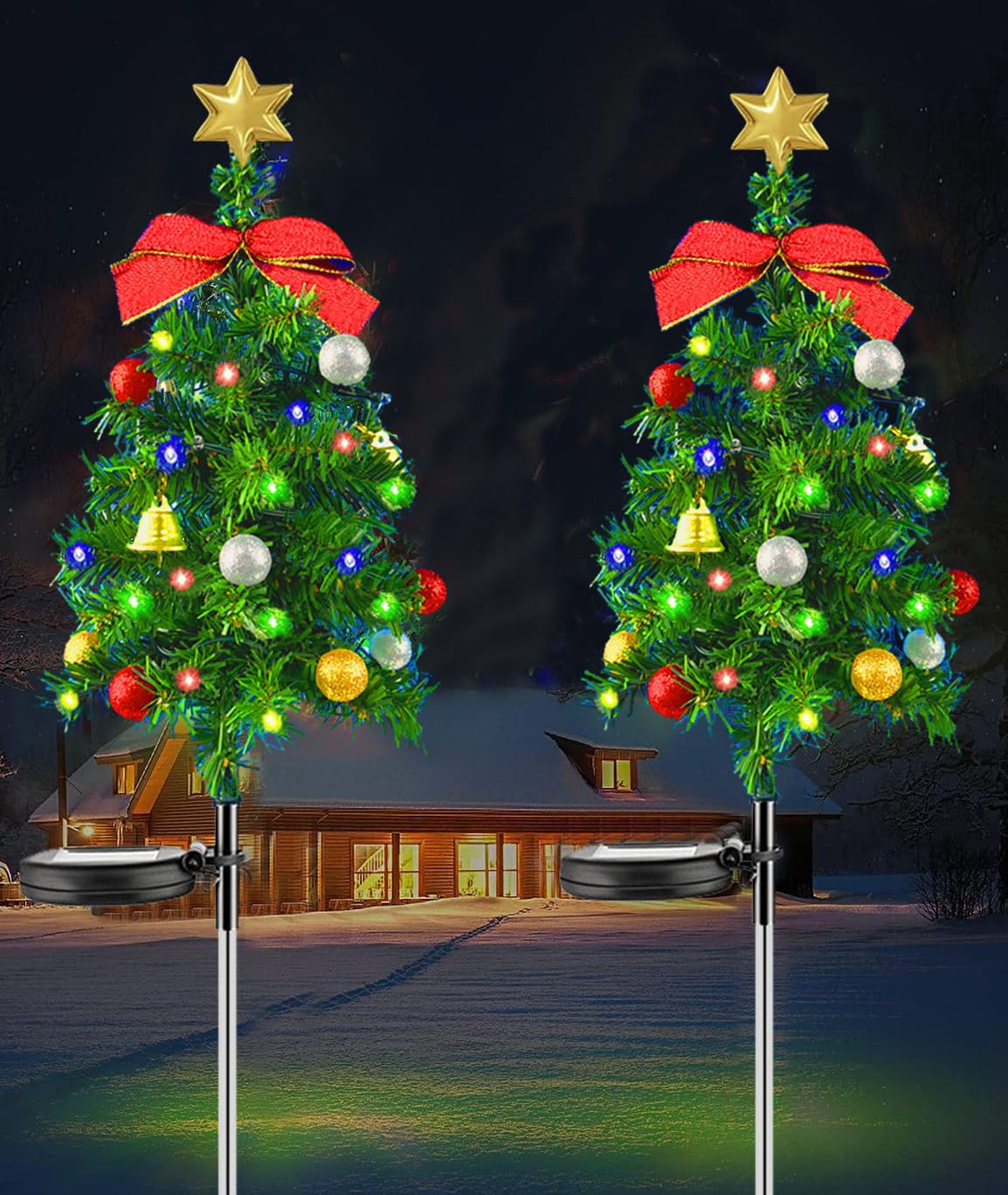 2 Pack Solar Small Christmas Trees Lights for Outdoor, Light Up Christmas Tree Outside Christmas Decorations, 24 LED Artificial Mini Xmas Tree for Garden Pathway Porch Yard Christmas Decor (A)