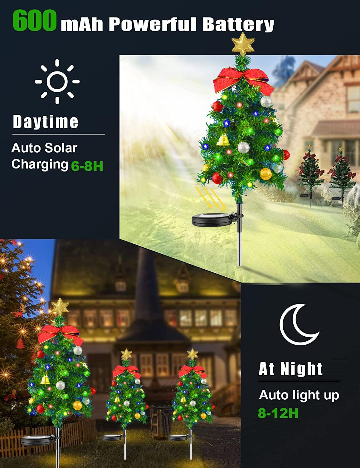 2 Pack Solar Small Christmas Trees Lights for Outdoor, Light Up Christmas Tree Outside Christmas Decorations, 24 LED Artificial Mini Xmas Tree for Garden Pathway Porch Yard Christmas Decor (A)