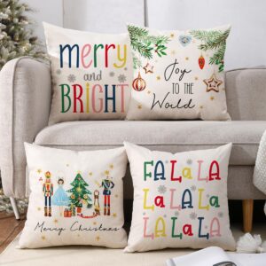 JOJOGOGO Merry and Bright Nutcracker Christmas Decor Colorful Cute Christmas Throw Pillow Covers 18x18 Set of 4 Outdoor Nutcracker Decorations for Front Porch and Patio (No Pillow Inserts)