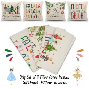 JOJOGOGO Merry and Bright Nutcracker Christmas Decor Colorful Cute Christmas Throw Pillow Covers 18x18 Set of 4 Outdoor Nutcracker Decorations for Front Porch and Patio (No Pillow Inserts)