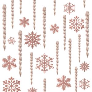 48 Pieces Christmas Snowflake Icicle Ornaments Set Plastic Glitter Icicle Snowflake Tree Ornaments Aluminum Spiral Strip Hangings Ornaments for Christmas Holiday Wedding Party Decoration (Rose Gold)