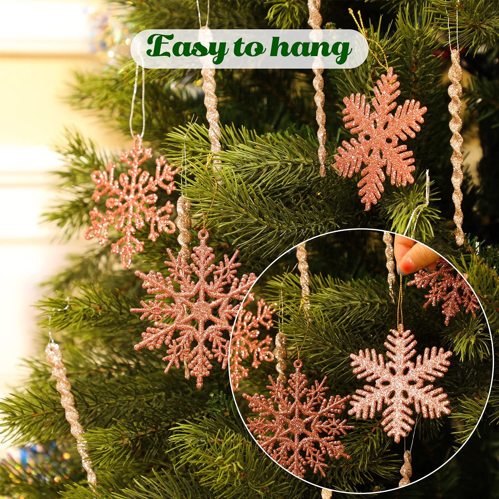 48 Pieces Christmas Snowflake Icicle Ornaments Set Plastic Glitter Icicle Snowflake Tree Ornaments Aluminum Spiral Strip Hangings Ornaments for Christmas Holiday Wedding Party Decoration (Rose Gold)