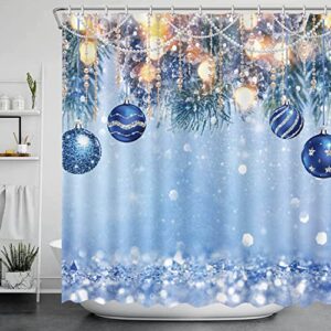 AIBIIN Christmas Shower Curtain for Bathroom Decorations with 12 Plastic Hooks Christmas Blue Balls Xmas Tree Branches Small Lights Background Polyester Shower Curtains Set 72x72in