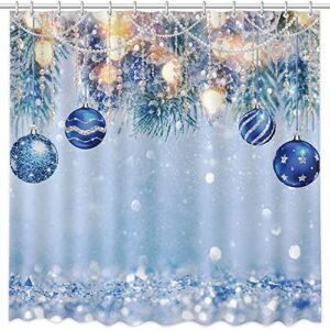 AIBIIN Christmas Shower Curtain for Bathroom Decorations with 12 Plastic Hooks Christmas Blue Balls Xmas Tree Branches Small Lights Background Polyester Shower Curtains Set 72x72in