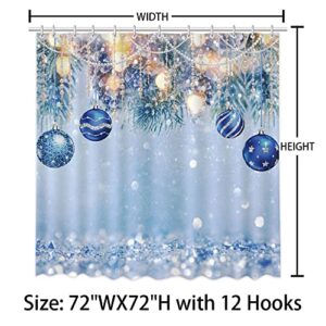 AIBIIN Christmas Shower Curtain for Bathroom Decorations with 12 Plastic Hooks Christmas Blue Balls Xmas Tree Branches Small Lights Background Polyester Shower Curtains Set 72x72in