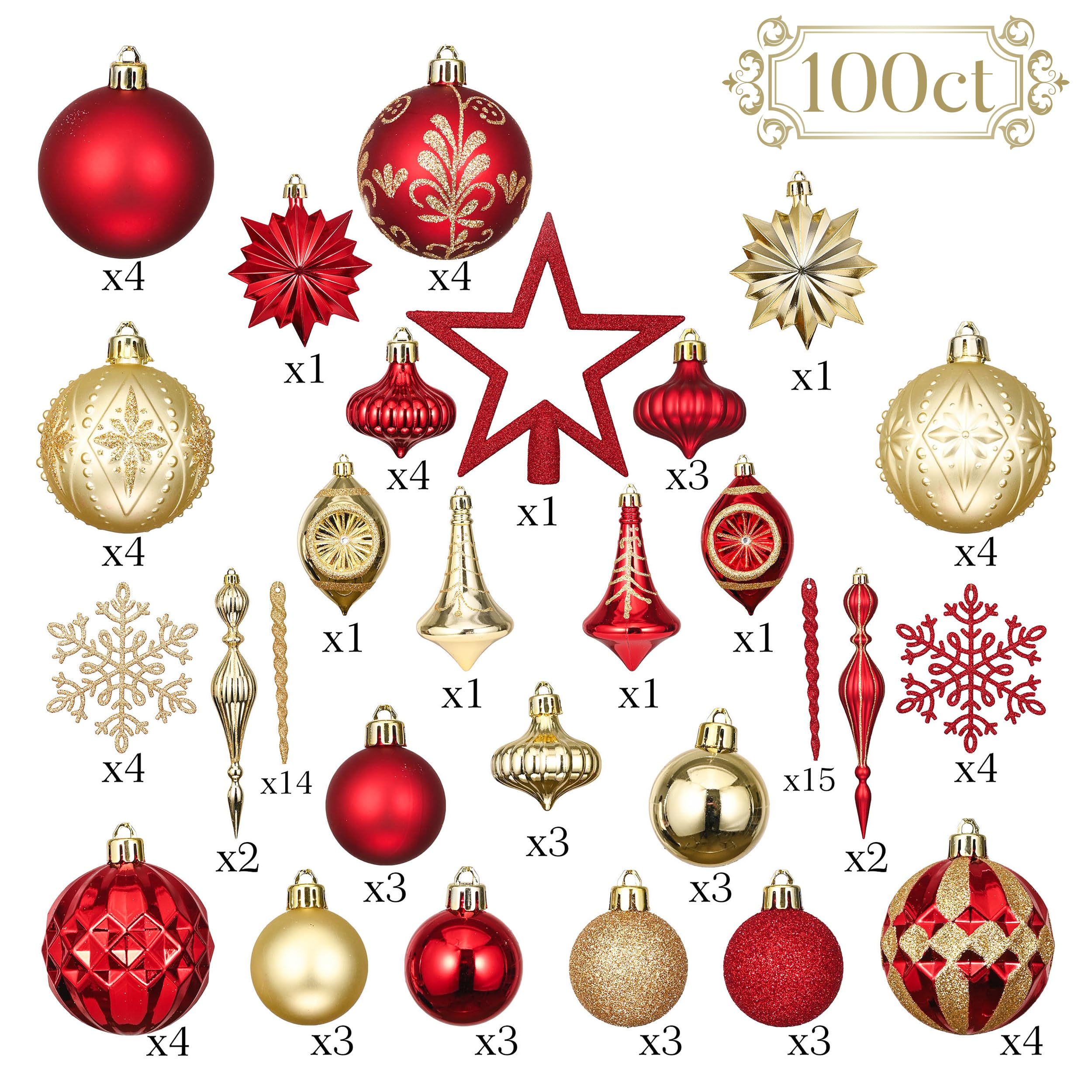 Valery Madelyn Ornaments for Christmas Trees, 100ct Red and Gold Shatterproof Christmas Tree Decorations, Luxury Hanging Ball Ornaments Bulk for Xmas Holiday Decor