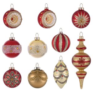 valery madelyn glass christmas ornaments set,10ct red and gold hanging ornaments for christmas trees, mercury luxury xmas decorations ball ornaments bulk for holiday decor