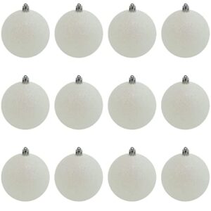 White Snowball Ornament (12 Pack) Large 3.15" Glitter Snow Ball Iridescent Christmas Ornaments Set for Christmas Tree Decoration, Shatterproof Plastic Set of 12, by 4E's Novelty