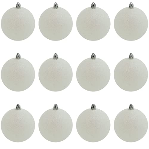 White Snowball Ornament (12 Pack) Large 3.15" Glitter Snow Ball Iridescent Christmas Ornaments Set for Christmas Tree Decoration, Shatterproof Plastic Set of 12, by 4E's Novelty