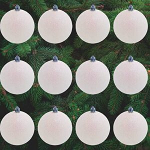 White Snowball Ornament (12 Pack) Large 3.15" Glitter Snow Ball Iridescent Christmas Ornaments Set for Christmas Tree Decoration, Shatterproof Plastic Set of 12, by 4E's Novelty