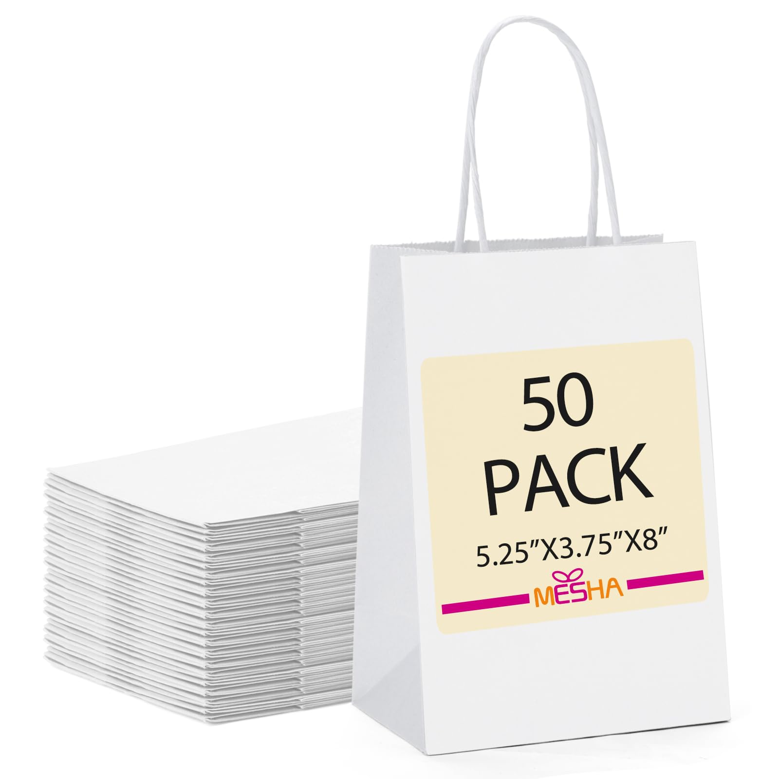MESHA Paper Gift Bags 5.25x3.75x8 50Pcs White Paper Bags for Small Business,Small Paper Gift Bags with Handles Bulk,Birthday Wedding Party Favor Bags