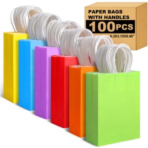 XPCARE 100 Pieces Paper Gift Bags, Kraft Paper Party Favor Bags Bulk with Handles for Kids Birthday, Baby Shower, Crafts, Wedding, Party Supplies (6 Colors)…