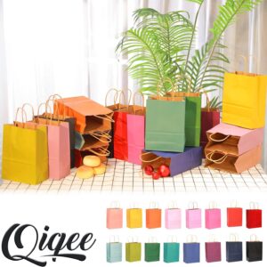 qiqee 60 pcs Kraft Bags with Handles 7.6"x4.75"x10.5" Medium Gift Paper Bags 16 Different Solid Color Bags