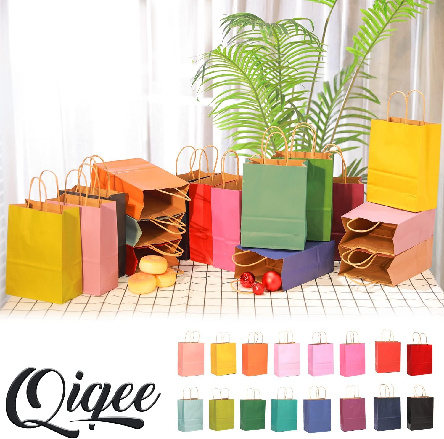 qiqee 60 pcs Kraft Bags with Handles 7.6"x4.75"x10.5" Medium Gift Paper Bags 16 Different Solid Color Bags