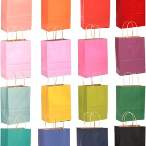 qiqee 60 pcs Kraft Bags with Handles 7.6"x4.75"x10.5" Medium Gift Paper Bags 16 Different Solid Color Bags