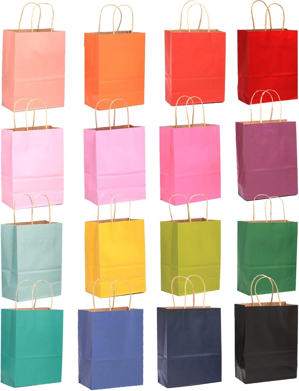 qiqee 60 pcs Kraft Bags with Handles 7.6"x4.75"x10.5" Medium Gift Paper Bags 16 Different Solid Color Bags