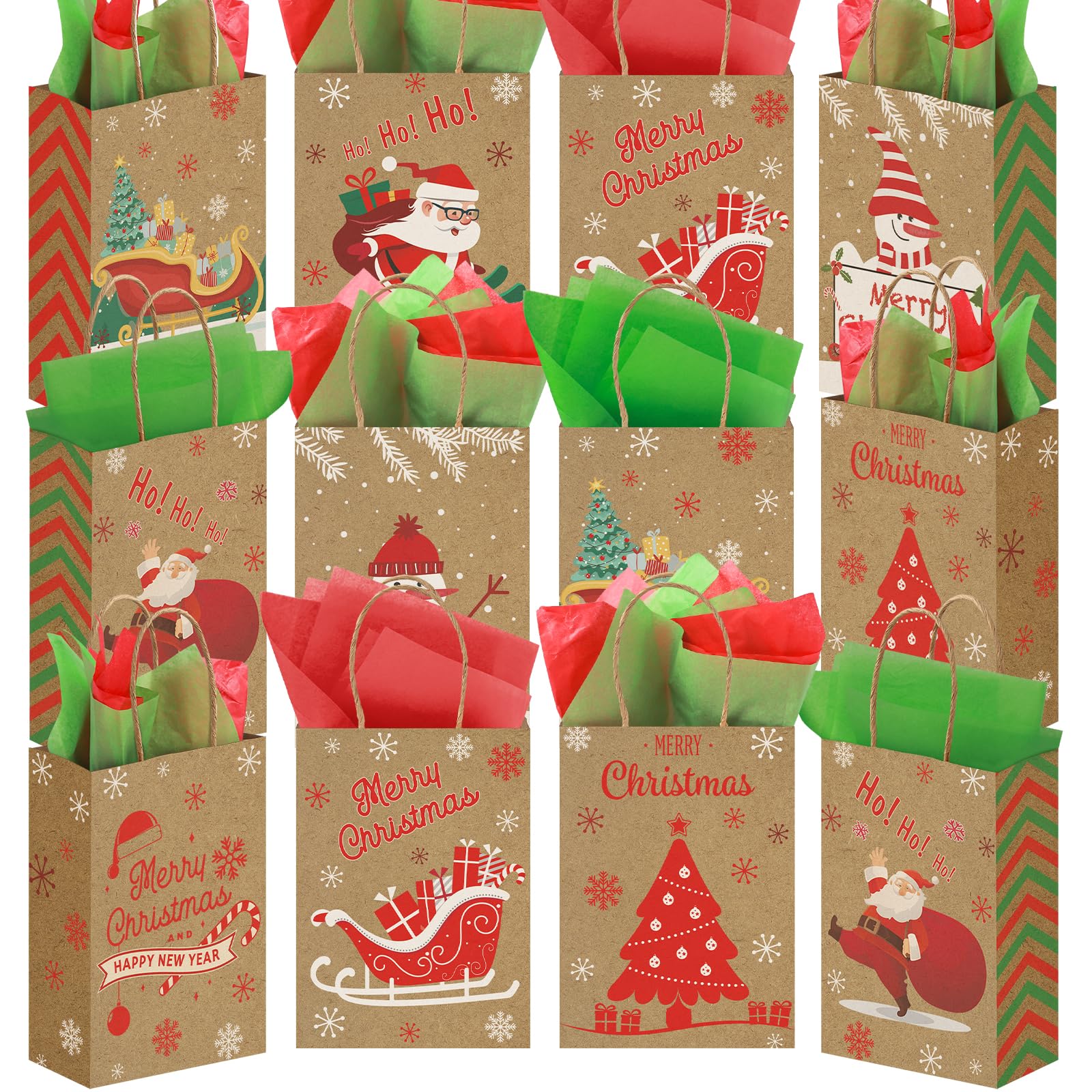 VGOODALL 30PCS Christmas Treat Bags with Tissue Paper, Kraft Paper Gift Bags with Handle Christmas Goodie Bags for Christmas Party Favors Gift Exchange