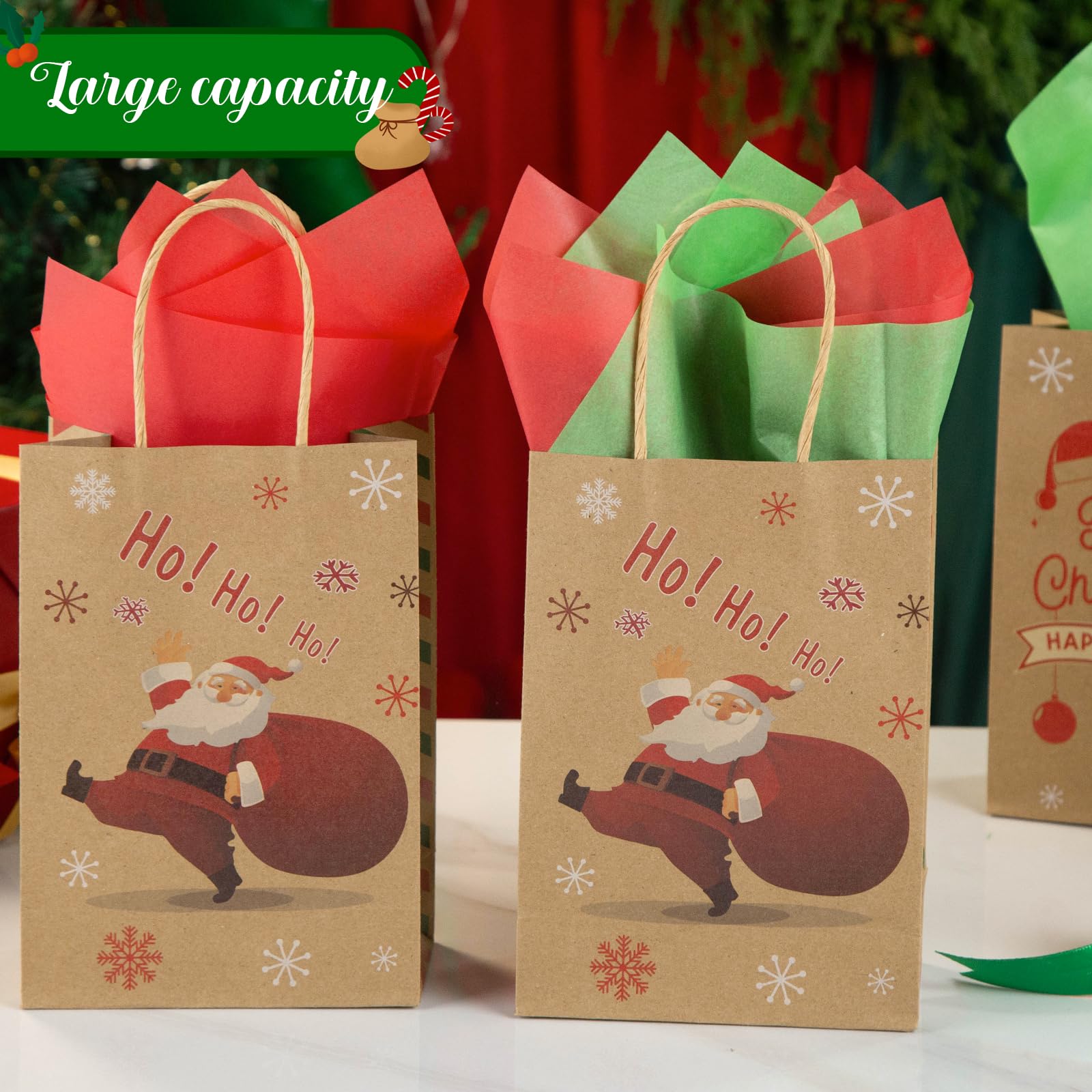 VGOODALL 30PCS Christmas Treat Bags with Tissue Paper, Kraft Paper Gift Bags with Handle Christmas Goodie Bags for Christmas Party Favors Gift Exchange