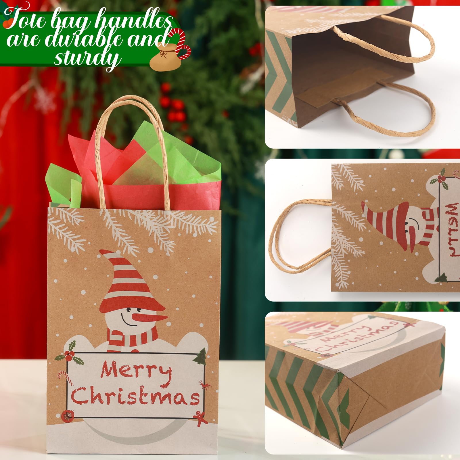 VGOODALL 30PCS Christmas Treat Bags with Tissue Paper, Kraft Paper Gift Bags with Handle Christmas Goodie Bags for Christmas Party Favors Gift Exchange