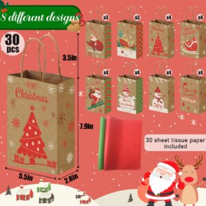 VGOODALL 30PCS Christmas Treat Bags with Tissue Paper, Kraft Paper Gift Bags with Handle Christmas Goodie Bags for Christmas Party Favors Gift Exchange