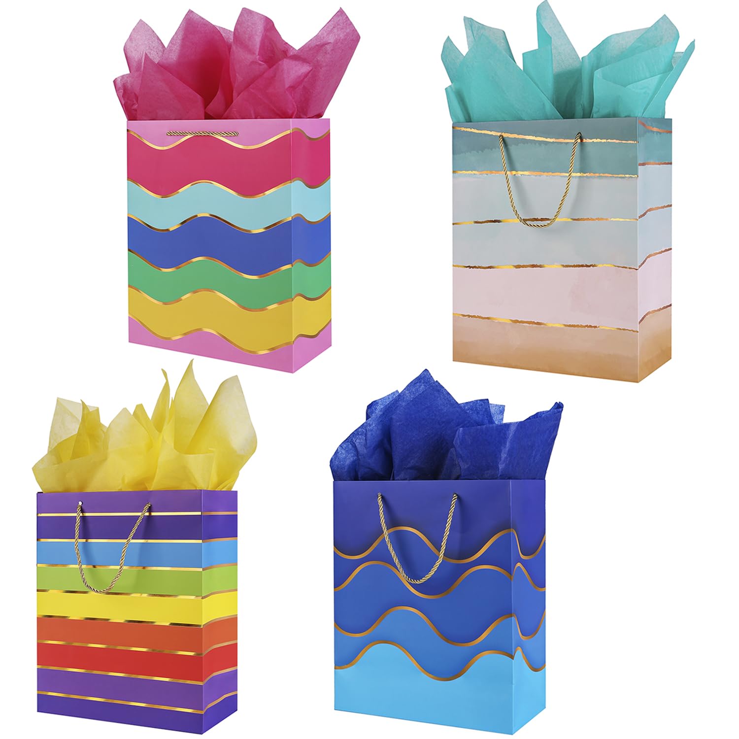 12.6" Paper Gift Bags with Tissue Paper, Extra Large Gift Bags with Handles, Birthday Gift Bags Medium Size, Rainbow Gift Bags Large Size, Medium Gift Bags for Kids, Birthday Bags Gift Wrap Bags Set