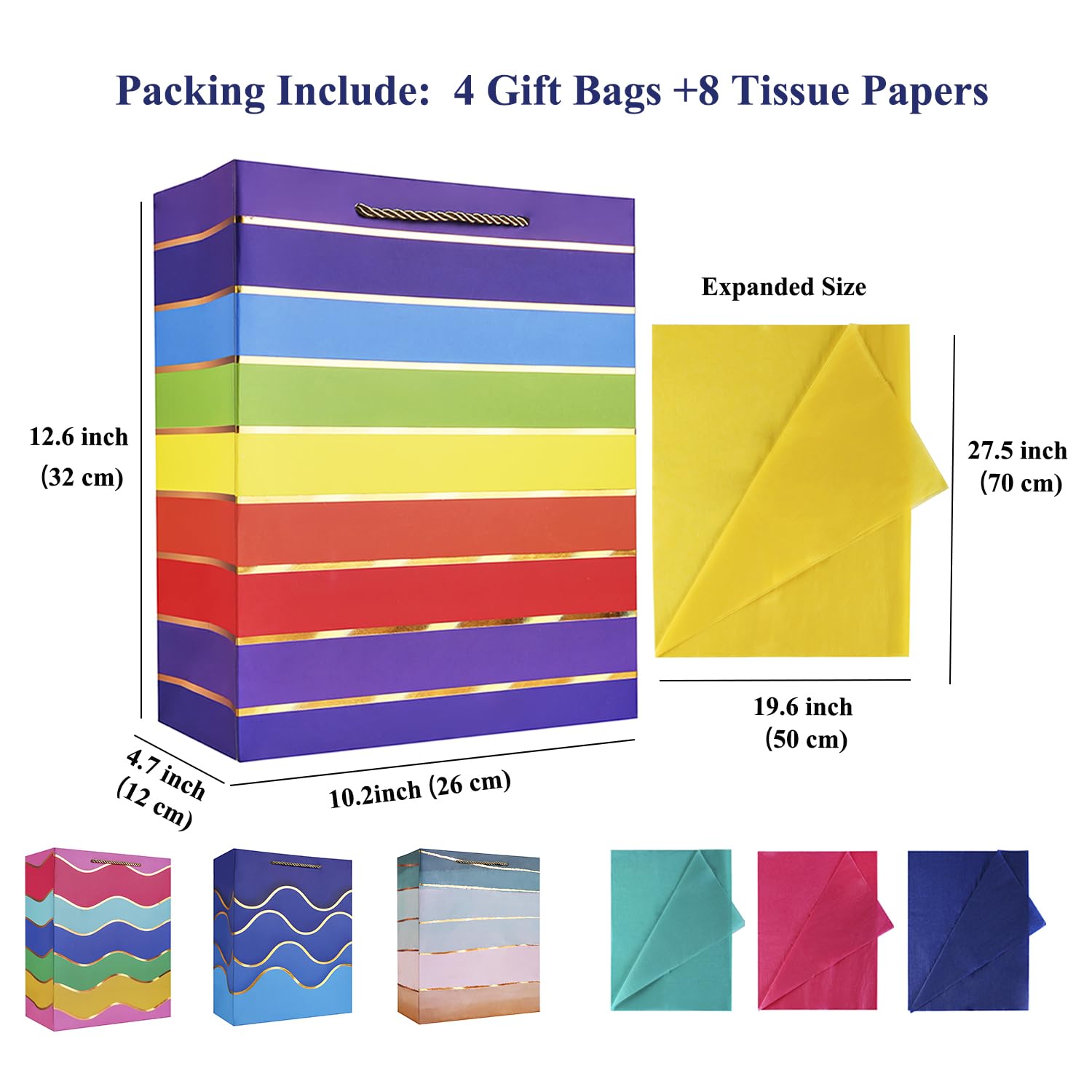 12.6" Paper Gift Bags with Tissue Paper, Extra Large Gift Bags with Handles, Birthday Gift Bags Medium Size, Rainbow Gift Bags Large Size, Medium Gift Bags for Kids, Birthday Bags Gift Wrap Bags Set