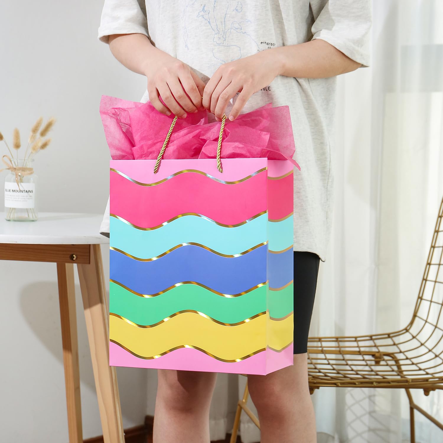 12.6" Paper Gift Bags with Tissue Paper, Extra Large Gift Bags with Handles, Birthday Gift Bags Medium Size, Rainbow Gift Bags Large Size, Medium Gift Bags for Kids, Birthday Bags Gift Wrap Bags Set