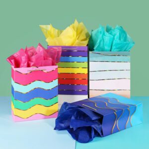 12.6" Paper Gift Bags with Tissue Paper, Extra Large Gift Bags with Handles, Birthday Gift Bags Medium Size, Rainbow Gift Bags Large Size, Medium Gift Bags for Kids, Birthday Bags Gift Wrap Bags Set