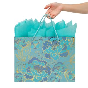 13" Large Rose Green Gift Bag Set with Greeting Card and Tissue Paper(Foil Traced Flowers) for Celebrating Birthdays, Valentine's Day, Weddings, Anniversaries, Mother's Day- 13”x5.2”x10.2”,1 Pcs.