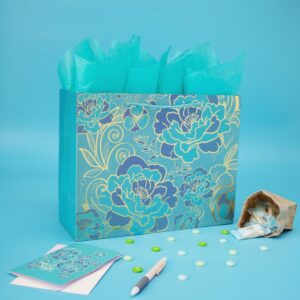 13" Large Rose Green Gift Bag Set with Greeting Card and Tissue Paper(Foil Traced Flowers) for Celebrating Birthdays, Valentine's Day, Weddings, Anniversaries, Mother's Day- 13”x5.2”x10.2”,1 Pcs.