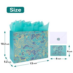 13" Large Rose Green Gift Bag Set with Greeting Card and Tissue Paper(Foil Traced Flowers) for Celebrating Birthdays, Valentine's Day, Weddings, Anniversaries, Mother's Day- 13”x5.2”x10.2”,1 Pcs.