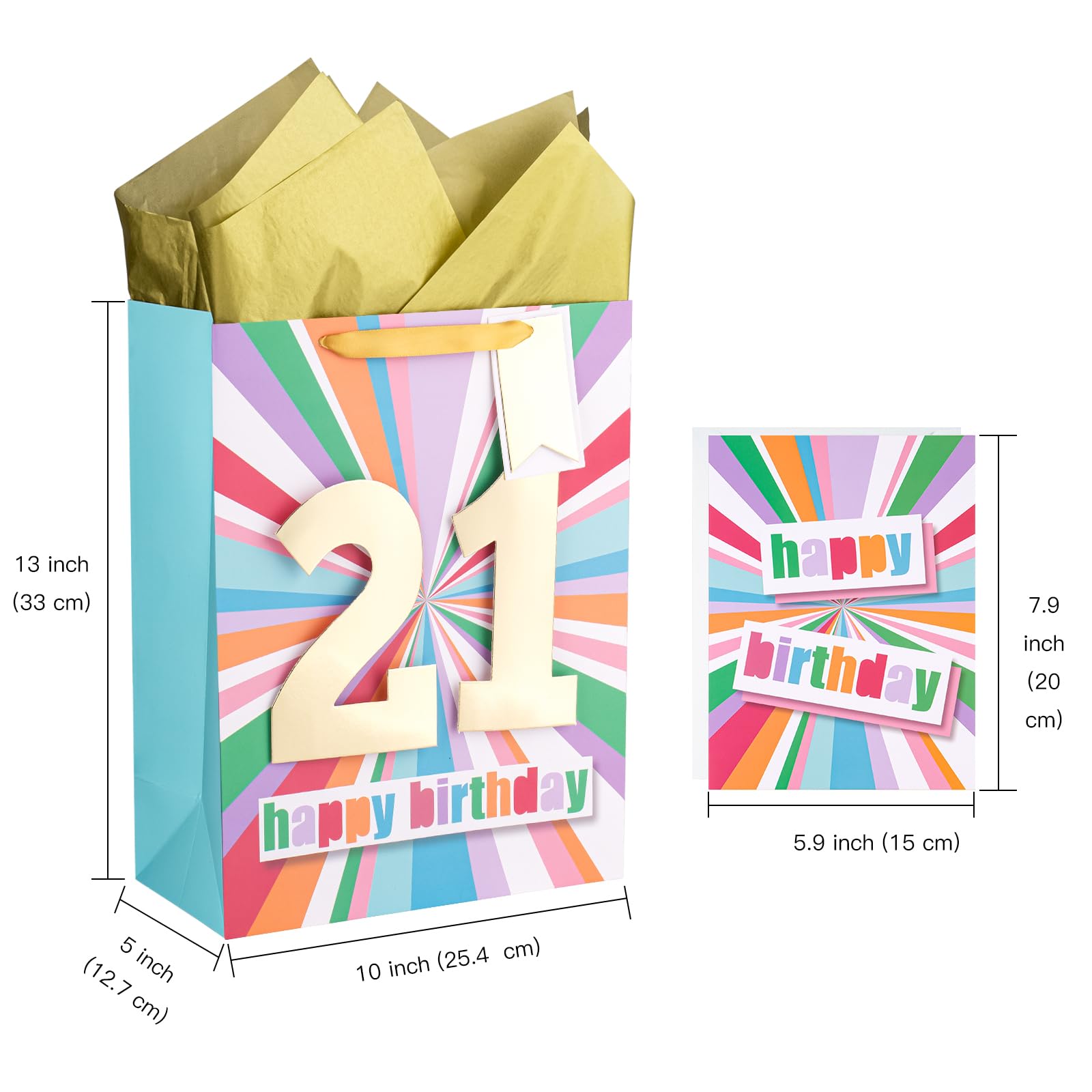 WRAPAHOLIC 13" Large Birthday Gift Bag with Card and Tissue Paper - 21st Birthday