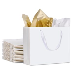 12 Pack Medium Gift Bags with Ribbon Handles & Tissue bags, White Gift Bags for Shopping, Small Business, Bridal Party, Wedding, Baby Shower, Bridal Party, Christmas and Holiday (10.6” x3.1” x8.3”)