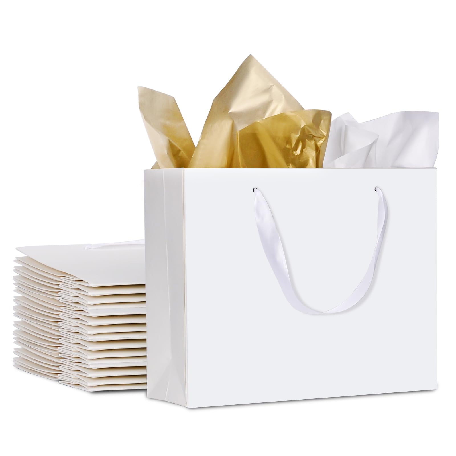 12 Pack Medium Gift Bags with Ribbon Handles & Tissue bags, White Gift Bags for Shopping, Small Business, Bridal Party, Wedding, Baby Shower, Bridal Party, Christmas and Holiday (10.6” x3.1” x8.3”)