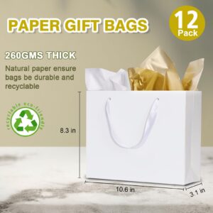 12 Pack Medium Gift Bags with Ribbon Handles & Tissue bags, White Gift Bags for Shopping, Small Business, Bridal Party, Wedding, Baby Shower, Bridal Party, Christmas and Holiday (10.6” x3.1” x8.3”)