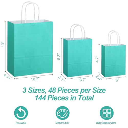 MIMIND 144 Pieces Teal Blue Gift Bags with Handles Assorted Sizes Mint Turquoise Paper Bags Bulk Teal Party Supplies Baby Shower Birthday Wedding Merchandise Bags Retail Shopping Bags Favor Bags