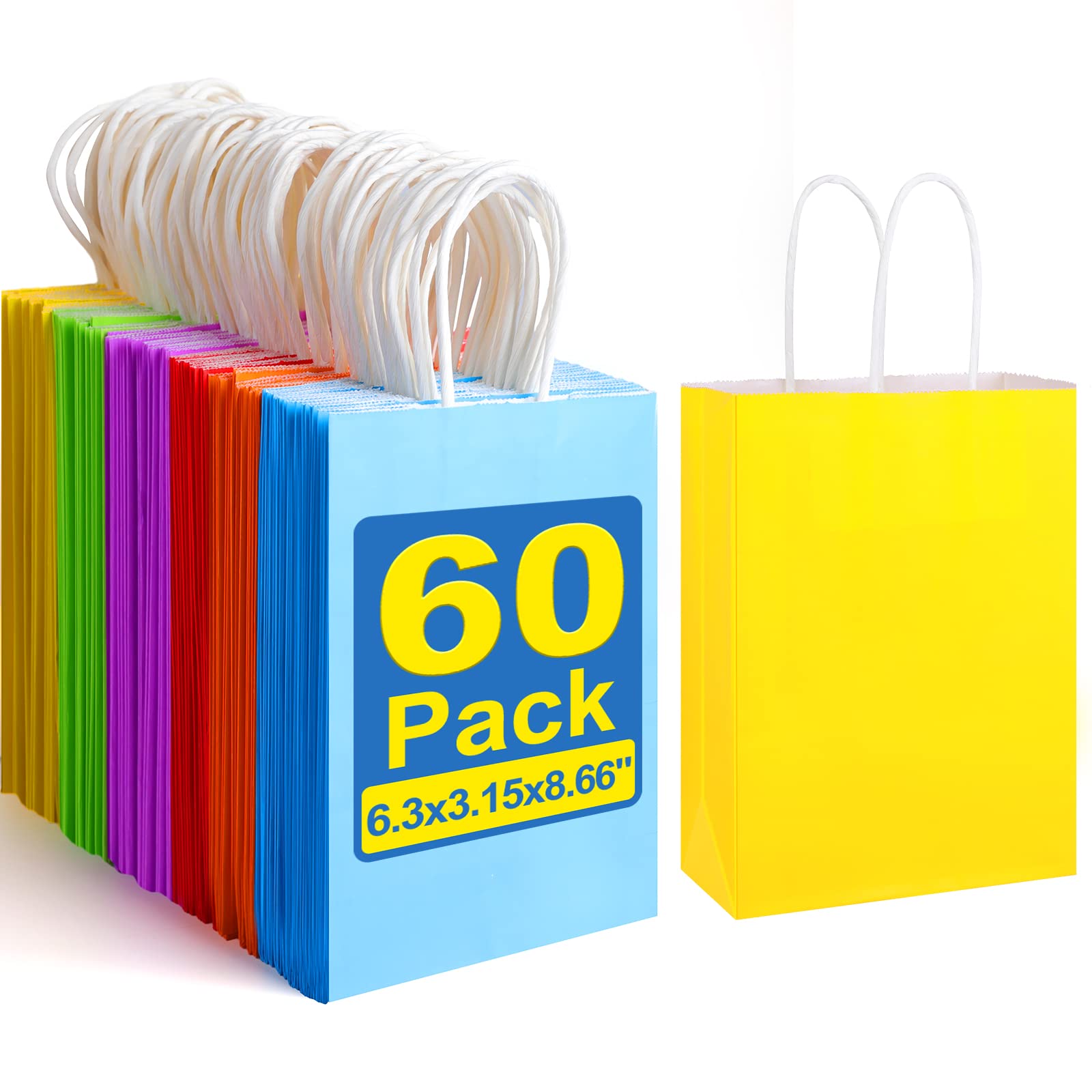 XPCARE 60 Pieces Gift Bags Bulk, 6 Colors Party Favor Bags with Handles, 6.3x3.15x8.66'' Small Rainbow Gift Bags for Kids Birthday, Baby Shower, Crafts, Wedding, Party Supplies…